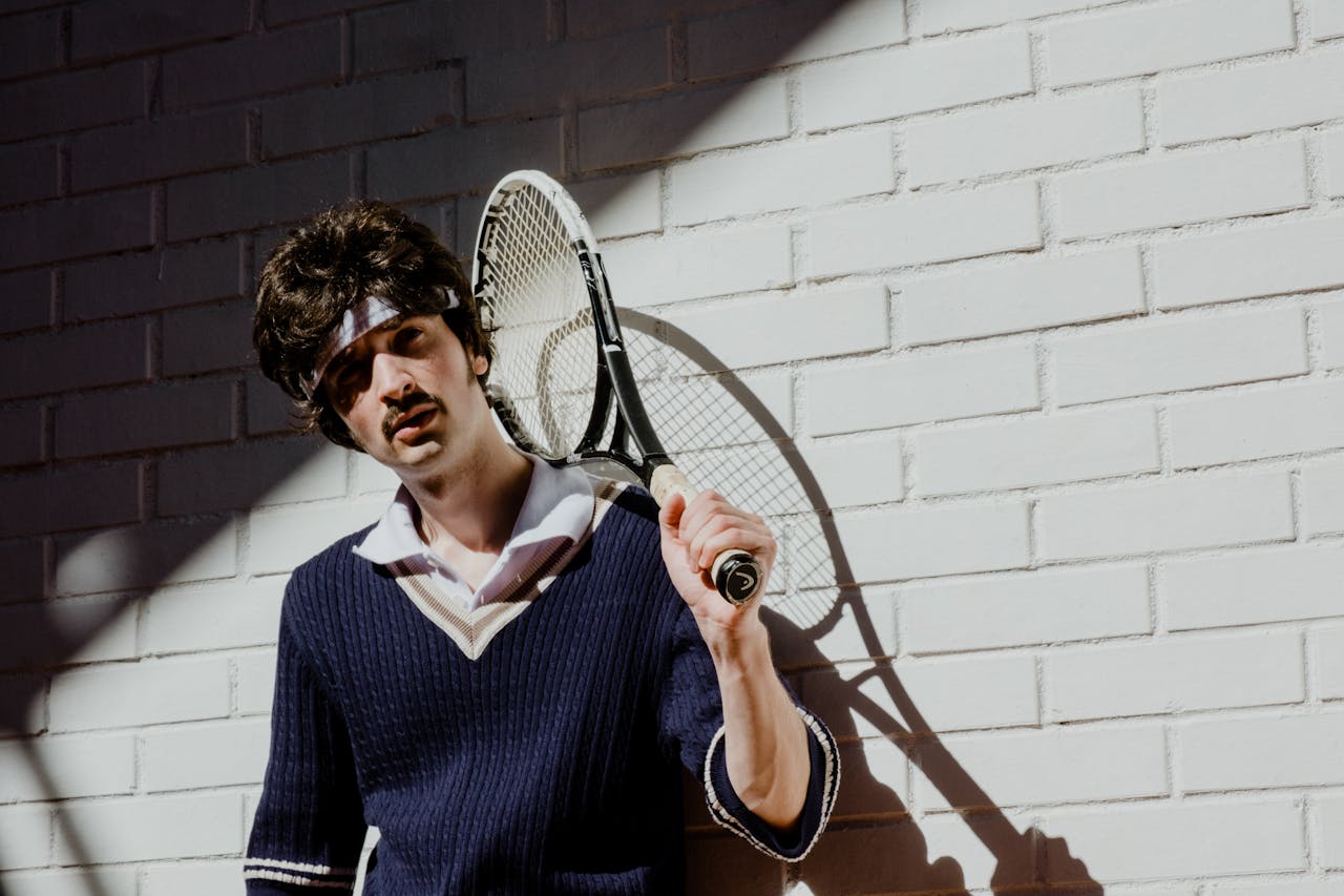 A stylish man in retro tennis attire poses with a racket against a brick wall.
